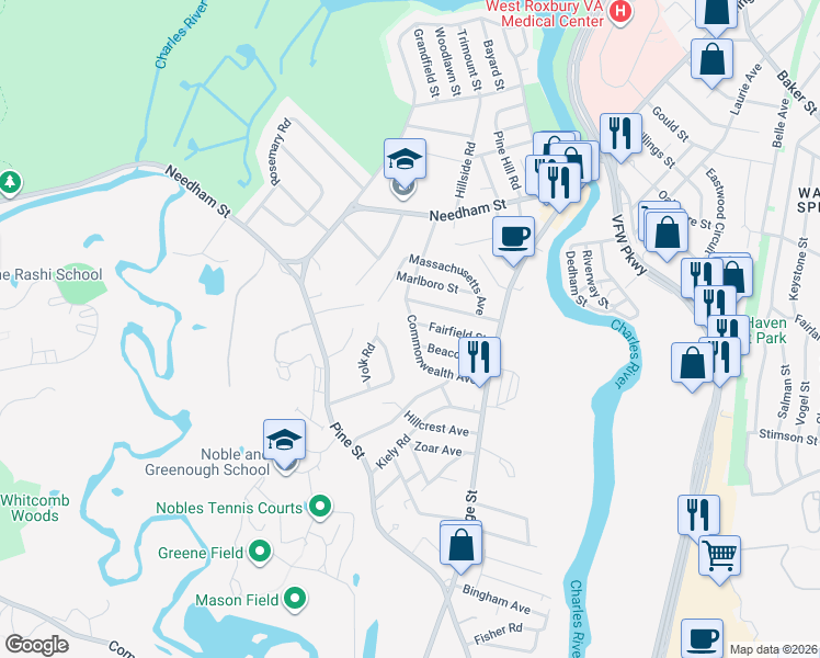 map of restaurants, bars, coffee shops, grocery stores, and more near 63 Riverview Street in Dedham