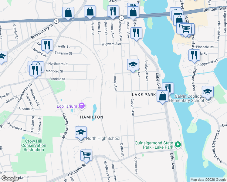 map of restaurants, bars, coffee shops, grocery stores, and more near 75 Locust Avenue in Worcester
