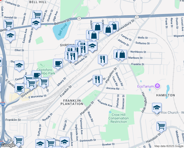 map of restaurants, bars, coffee shops, grocery stores, and more near 602 Franklin Street in Worcester