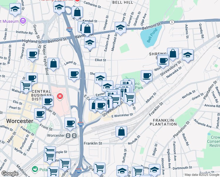 map of restaurants, bars, coffee shops, grocery stores, and more near Prospect Street in Worcester
