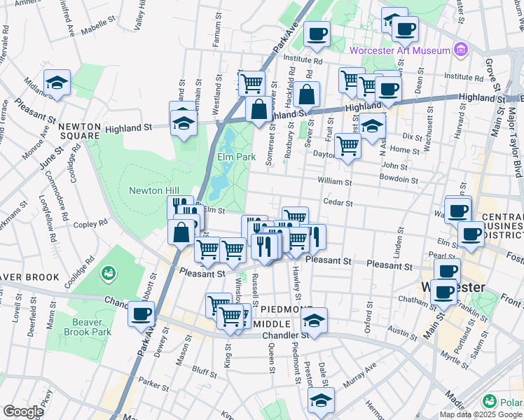 map of restaurants, bars, coffee shops, grocery stores, and more near 67 Cedar Street in Worcester
