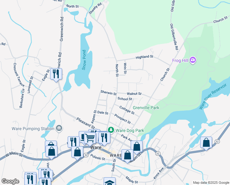 map of restaurants, bars, coffee shops, grocery stores, and more near 144 North Street in Ware