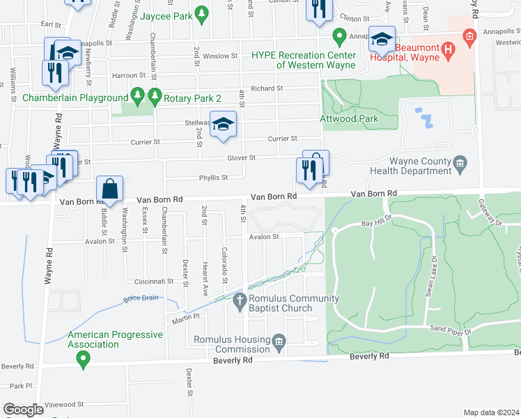 map of restaurants, bars, coffee shops, grocery stores, and more near 34240 Van Born Road in Wayne