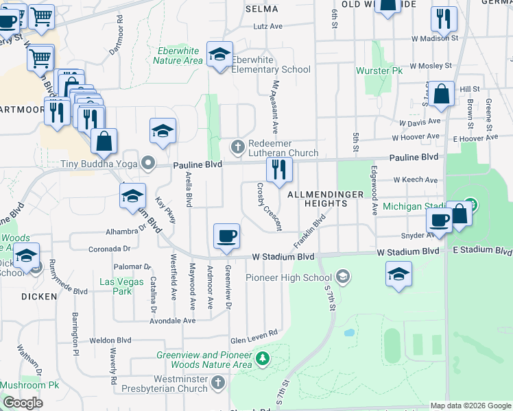 map of restaurants, bars, coffee shops, grocery stores, and more near 1215 Crosby Crescent in Ann Arbor
