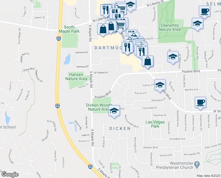 map of restaurants, bars, coffee shops, grocery stores, and more near in Ann Arbor