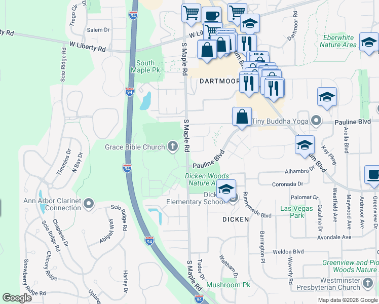 map of restaurants, bars, coffee shops, grocery stores, and more near 1241 South Maple Road in Ann Arbor