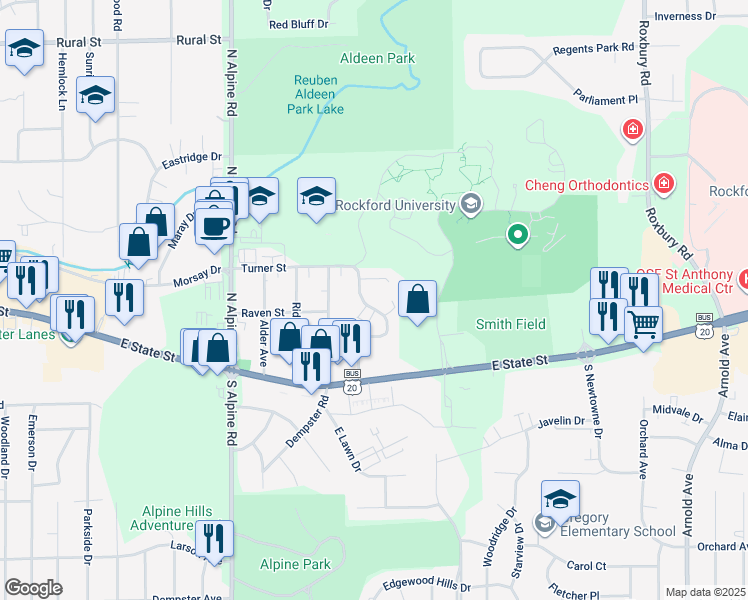 map of restaurants, bars, coffee shops, grocery stores, and more near 288 Flintridge Drive in Rockford