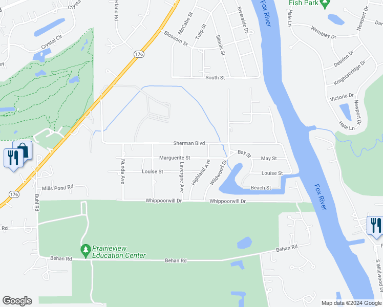map of restaurants, bars, coffee shops, grocery stores, and more near 1704 Marguerite Street in Crystal Lake