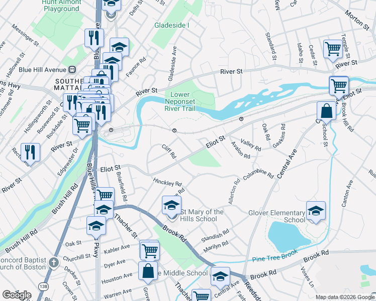 map of restaurants, bars, coffee shops, grocery stores, and more near 33 Capen Street in Milton