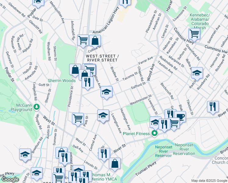 map of restaurants, bars, coffee shops, grocery stores, and more near Huntington Avenue in Boston