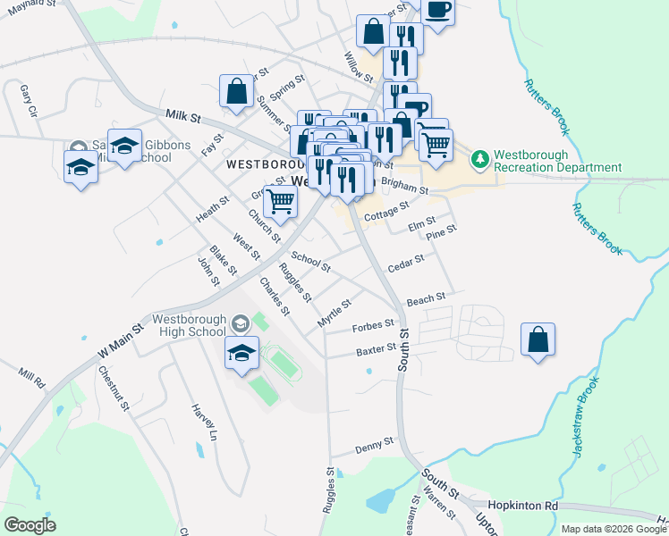 map of restaurants, bars, coffee shops, grocery stores, and more near 5 Cross Street in Westborough