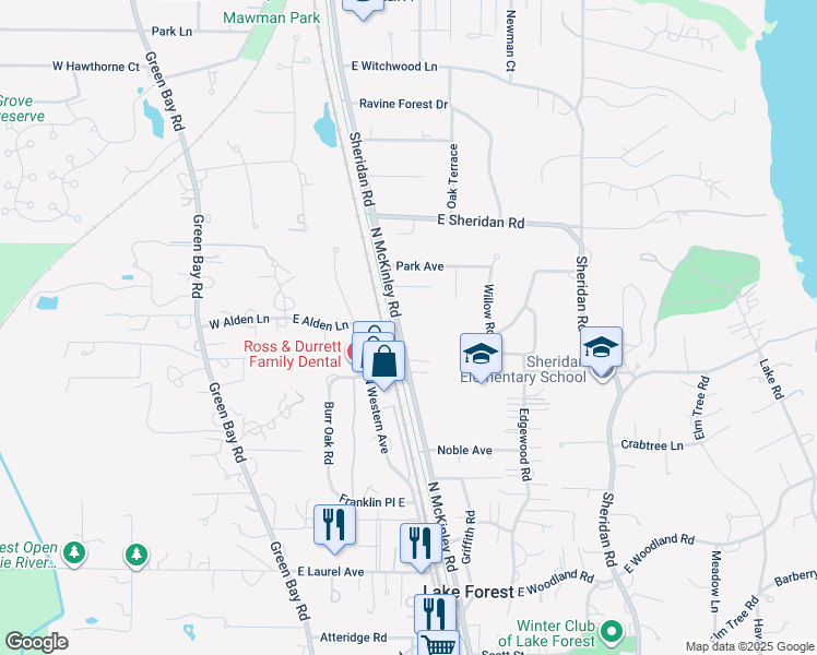 map of restaurants, bars, coffee shops, grocery stores, and more near 1467 North McKinley Road in Lake Forest