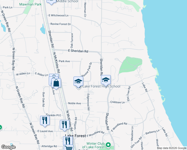 map of restaurants, bars, coffee shops, grocery stores, and more near 1500 North Sheridan Road in Lake Forest