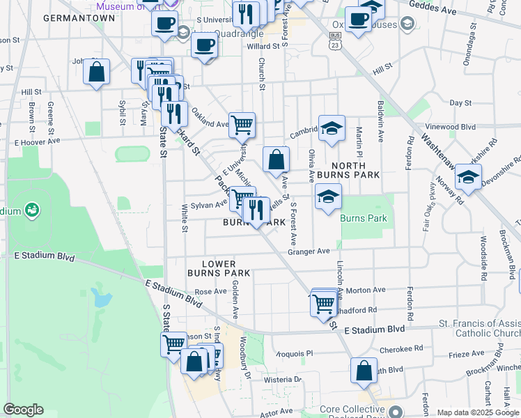 map of restaurants, bars, coffee shops, grocery stores, and more near 1129 Michigan Avenue in Ann Arbor