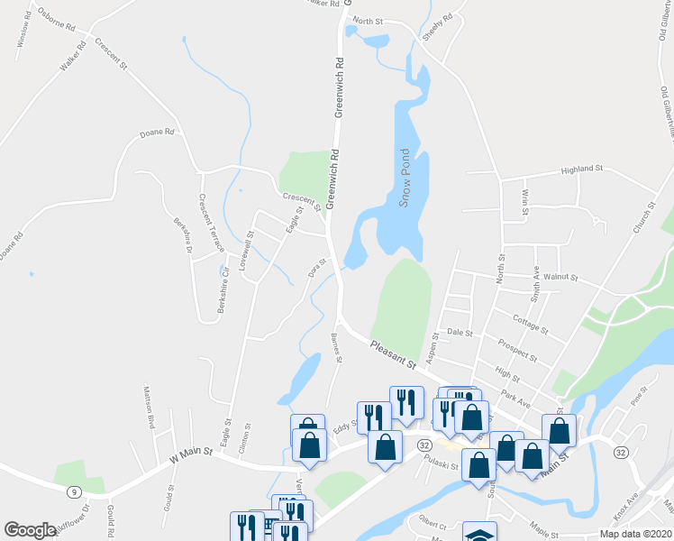 map of restaurants, bars, coffee shops, grocery stores, and more near 142 Pleasant Street in Ware
