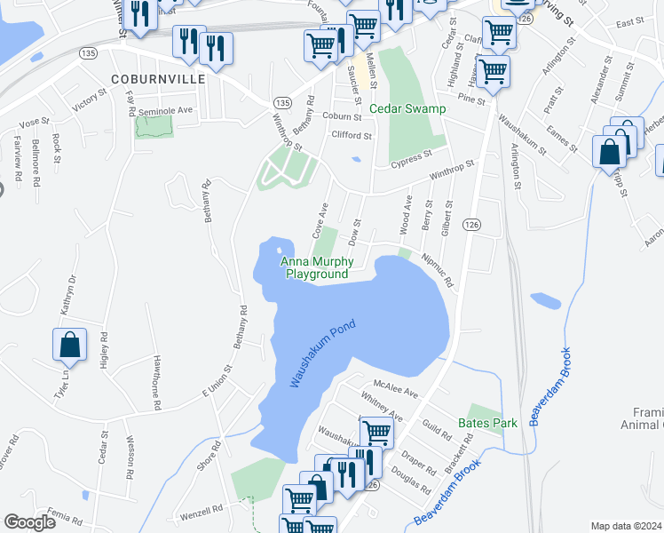 map of restaurants, bars, coffee shops, grocery stores, and more near 45 Lake Avenue in Framingham
