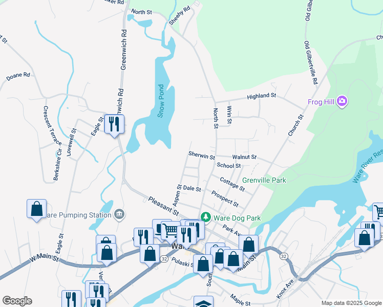 map of restaurants, bars, coffee shops, grocery stores, and more near 5 Sherwin Street in Ware