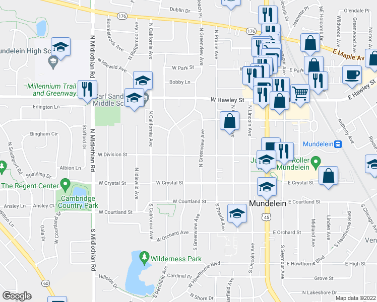 map of restaurants, bars, coffee shops, grocery stores, and more near 412 West Division Street in Mundelein
