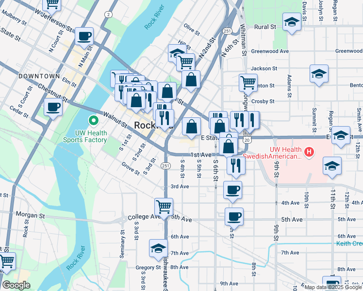 map of restaurants, bars, coffee shops, grocery stores, and more near 630 East State Street in Rockford