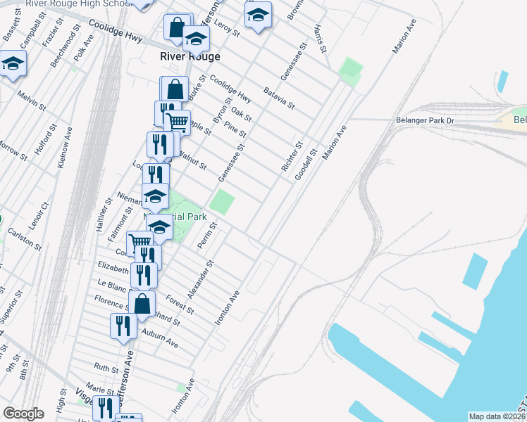map of restaurants, bars, coffee shops, grocery stores, and more near 147 Walnut Street in River Rouge