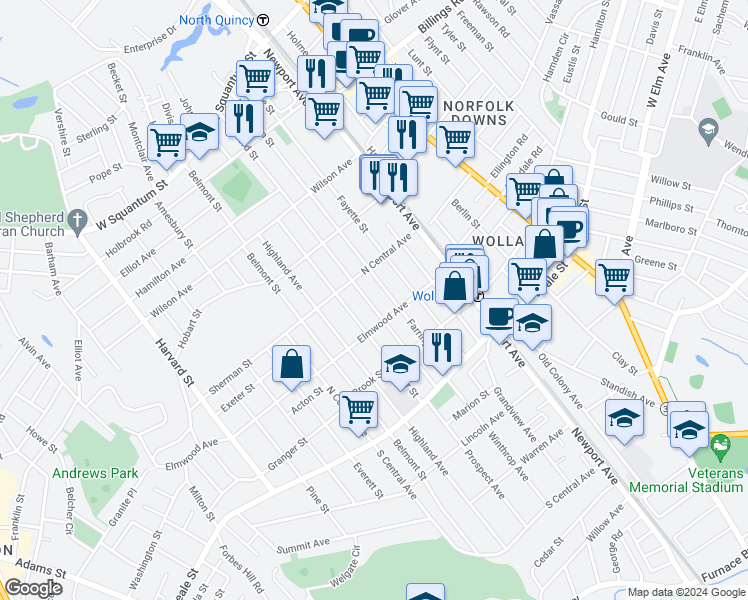 map of restaurants, bars, coffee shops, grocery stores, and more near 223 Farrington Street in Quincy