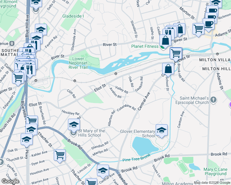 map of restaurants, bars, coffee shops, grocery stores, and more near 7 Valley Road in Milton