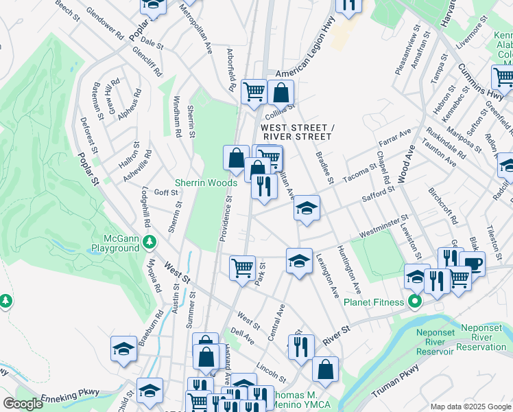 map of restaurants, bars, coffee shops, grocery stores, and more near 957 Hyde Park Avenue in Boston