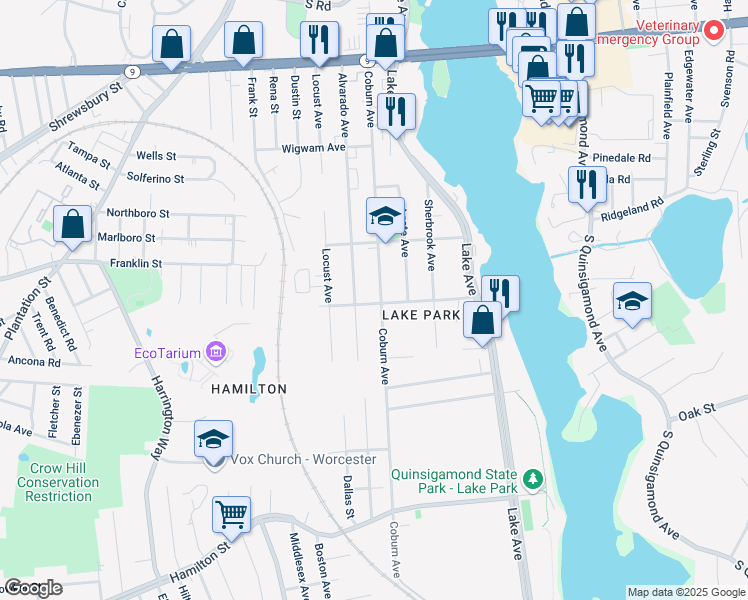 map of restaurants, bars, coffee shops, grocery stores, and more near 160 Coburn Avenue in Worcester