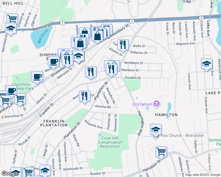 map of restaurants, bars, coffee shops, grocery stores, and more near 2 Emerson Street in Worcester