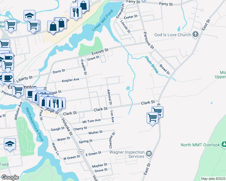 map of restaurants, bars, coffee shops, grocery stores, and more near 96 Briggs Street in Easthampton