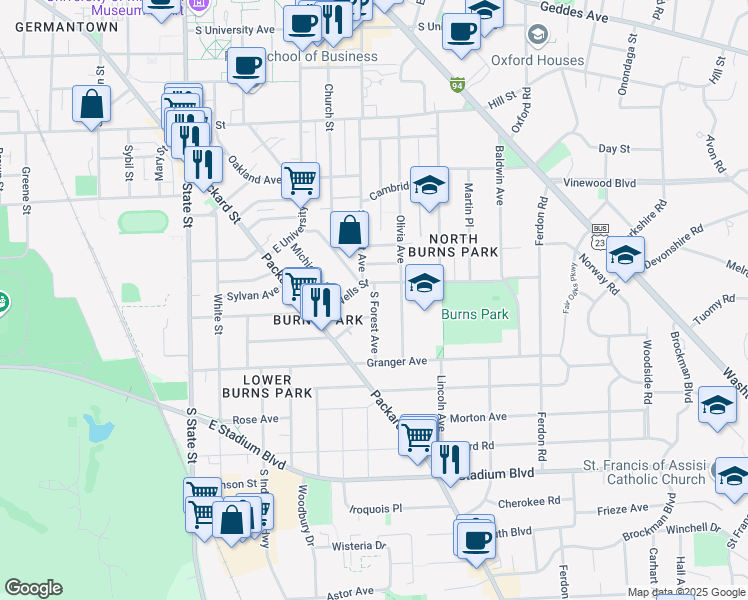 map of restaurants, bars, coffee shops, grocery stores, and more near 1153 South Forest Avenue in Ann Arbor