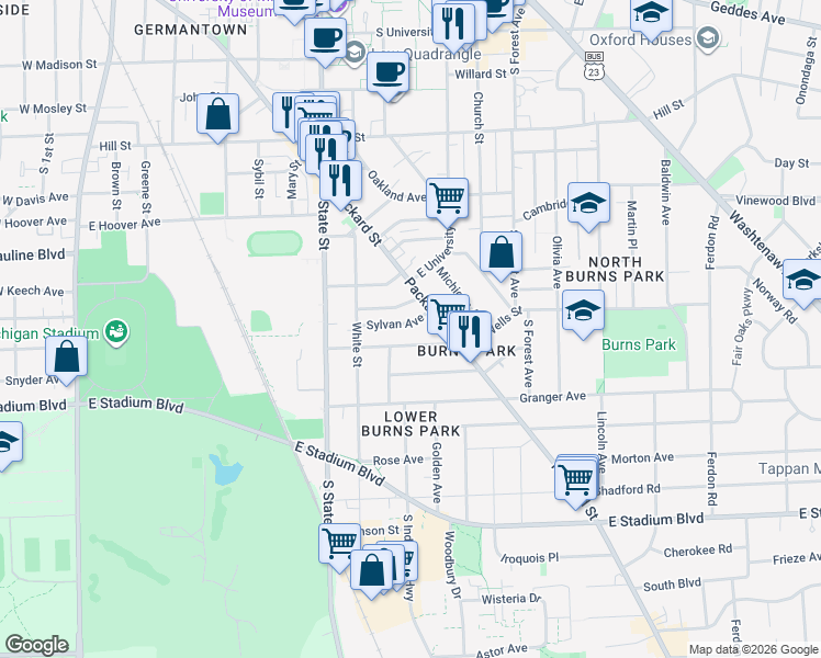 map of restaurants, bars, coffee shops, grocery stores, and more near 840 Brookwood Place in Ann Arbor