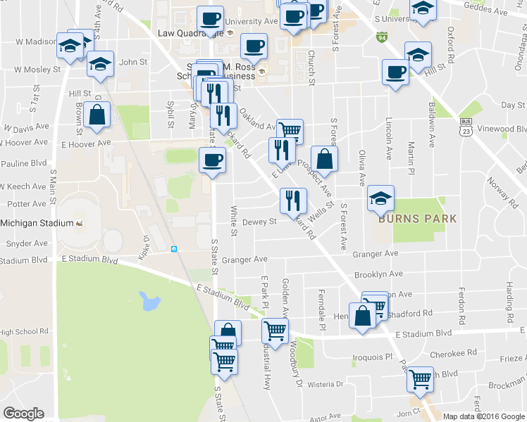 map of restaurants, bars, coffee shops, grocery stores, and more near 840 Brookwood Place in Ann Arbor