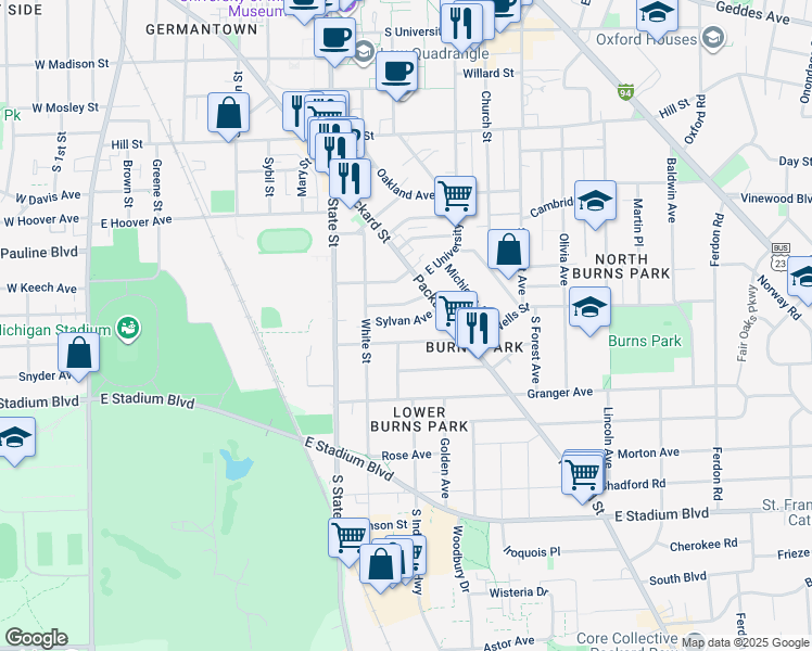 map of restaurants, bars, coffee shops, grocery stores, and more near 840 Brookwood Place in Ann Arbor