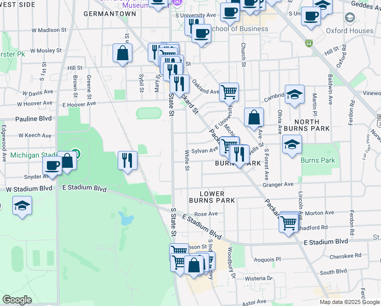 map of restaurants, bars, coffee shops, grocery stores, and more near 1211 White Street in Ann Arbor