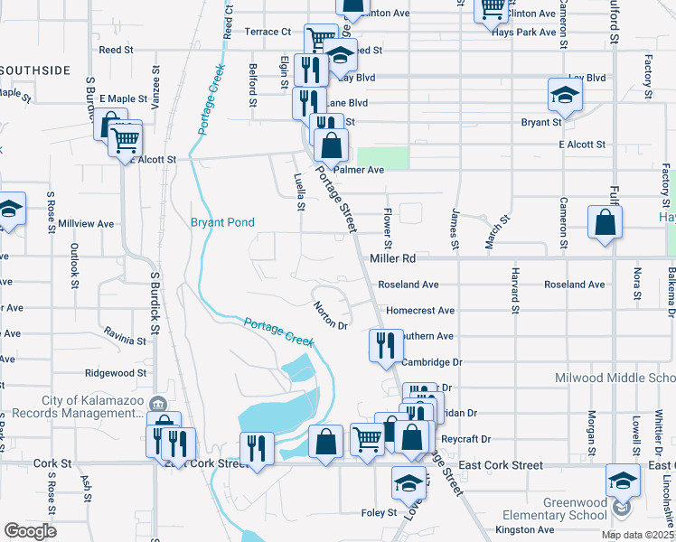 map of restaurants, bars, coffee shops, grocery stores, and more near 2300 Portage Street in Kalamazoo