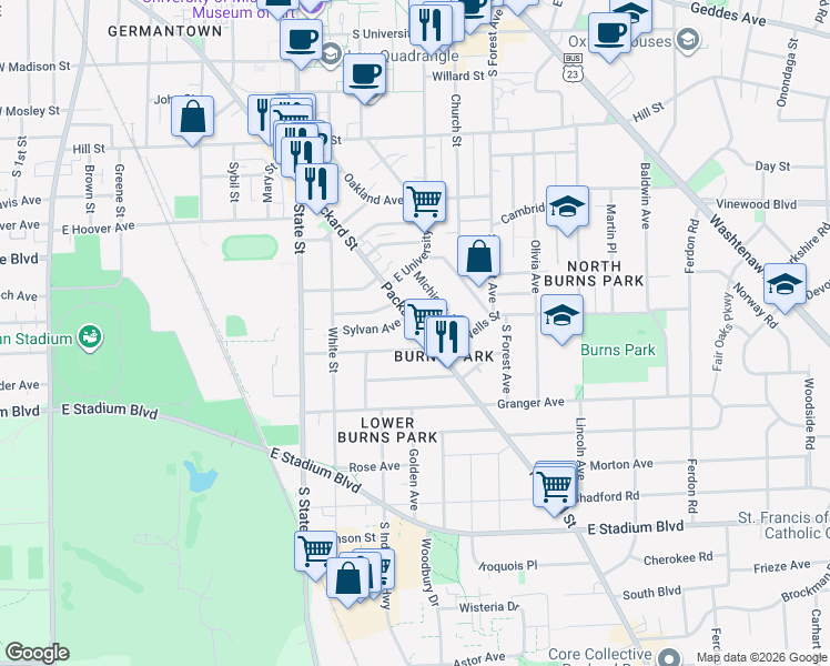 map of restaurants, bars, coffee shops, grocery stores, and more near 1033 Packard Street in Ann Arbor
