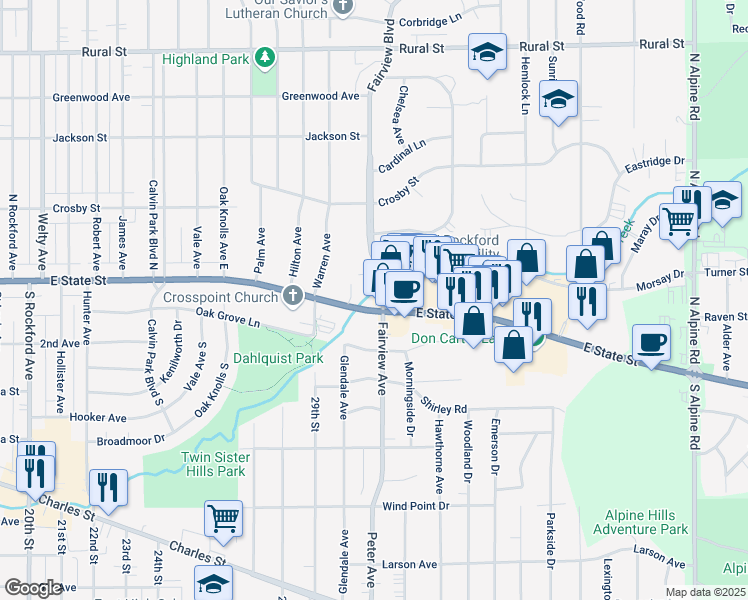map of restaurants, bars, coffee shops, grocery stores, and more near 102 Oriole Circle in Rockford