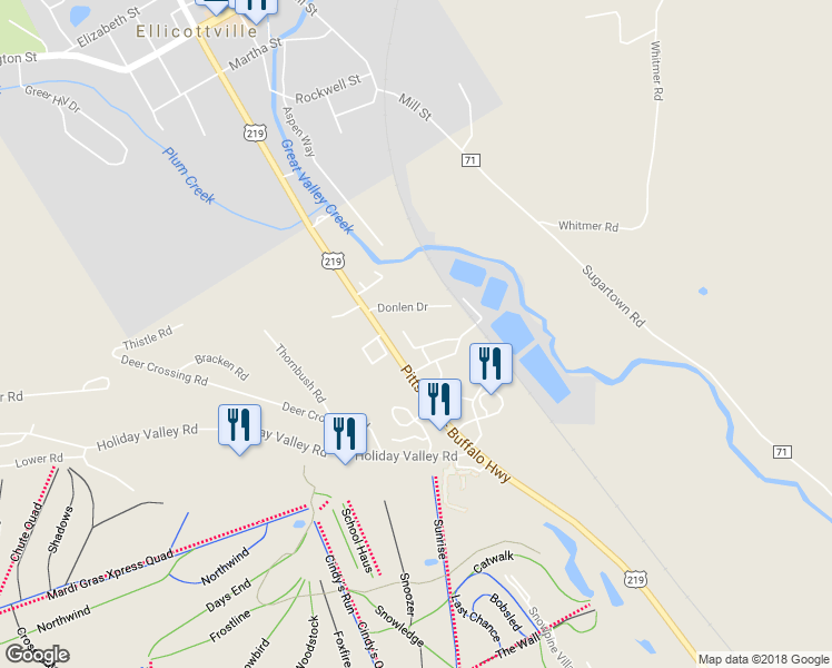 map of restaurants, bars, coffee shops, grocery stores, and more near 42 Wildflower in Ellicottville