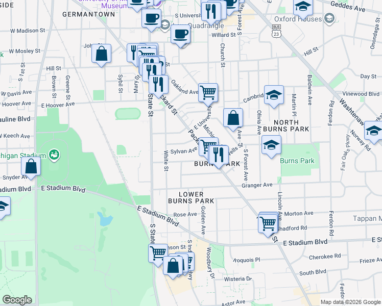 map of restaurants, bars, coffee shops, grocery stores, and more near 840 Brookwood Place in Ann Arbor