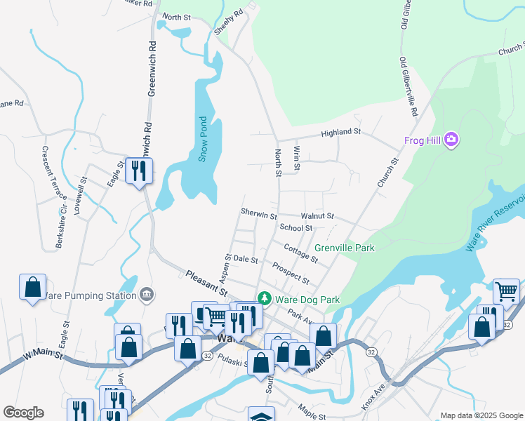 map of restaurants, bars, coffee shops, grocery stores, and more near 144 North Street in Ware