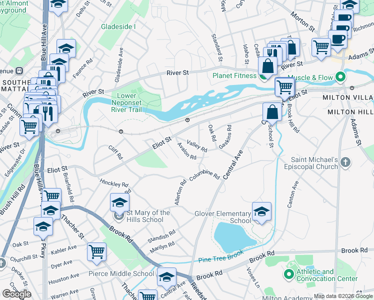 map of restaurants, bars, coffee shops, grocery stores, and more near 34 Avalon Road in Milton