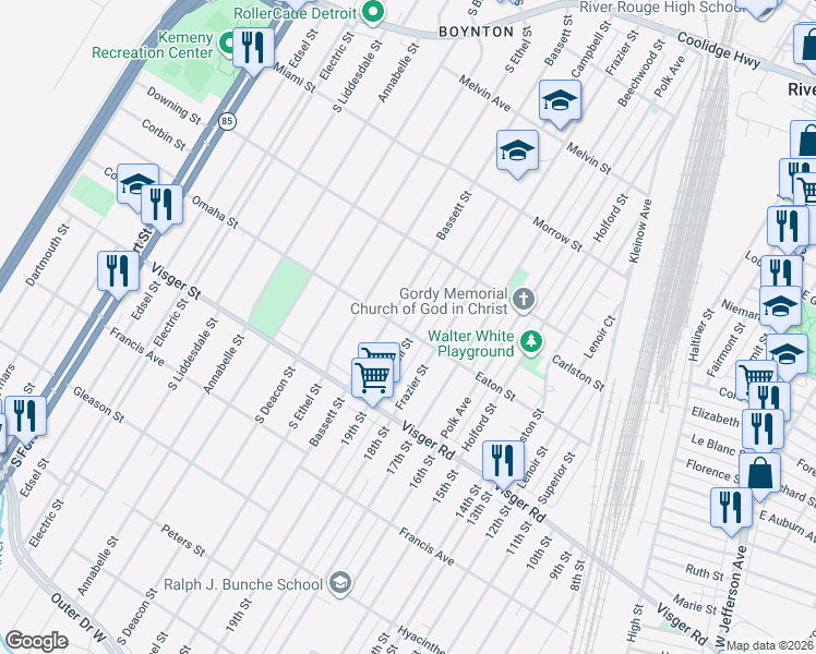 map of restaurants, bars, coffee shops, grocery stores, and more near 2521 Bassett Street in Detroit
