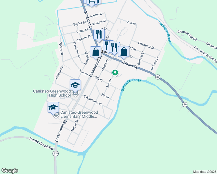 map of restaurants, bars, coffee shops, grocery stores, and more near 11 6th Street in Canisteo