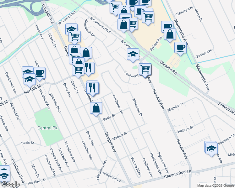 map of restaurants, bars, coffee shops, grocery stores, and more near 3410 Ouellette Avenue in Windsor