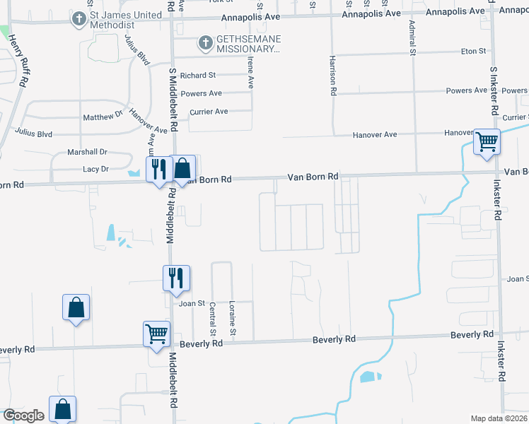 map of restaurants, bars, coffee shops, grocery stores, and more near 5801-6099 Georgia in Romulus