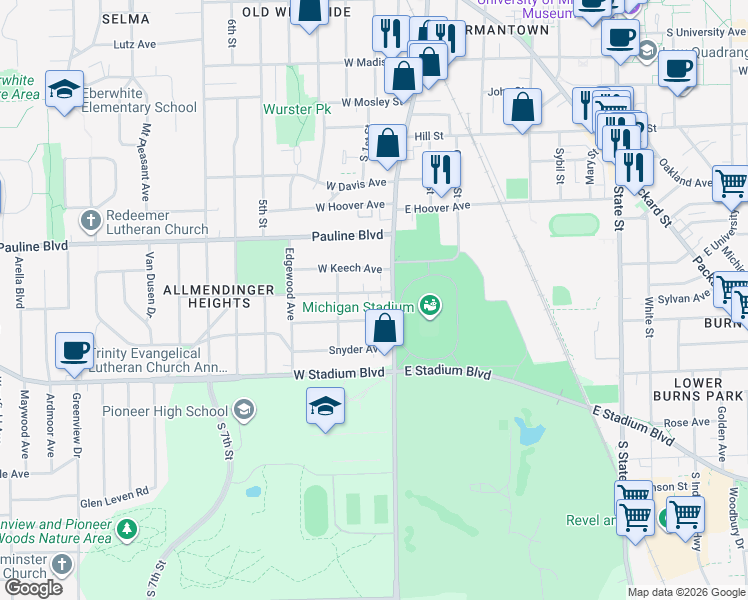 map of restaurants, bars, coffee shops, grocery stores, and more near 304 Potter Avenue in Ann Arbor