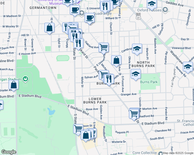 map of restaurants, bars, coffee shops, grocery stores, and more near 926 Sylvan Avenue in Ann Arbor