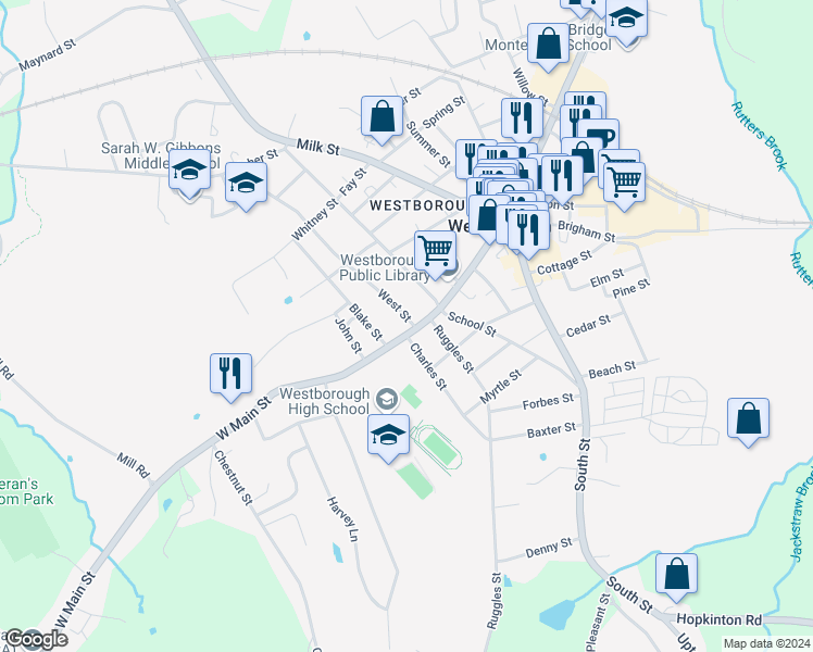 map of restaurants, bars, coffee shops, grocery stores, and more near 71 West Main Street in Westborough