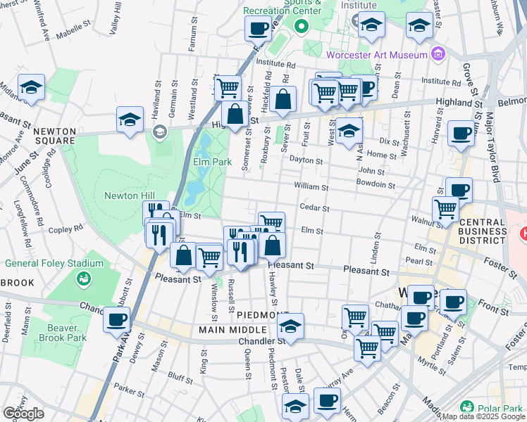 map of restaurants, bars, coffee shops, grocery stores, and more near 105 Merrick Street in Worcester